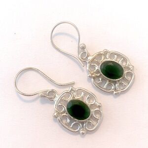 Delicate, 925 marked, 1 inch Green Onyx earrings.